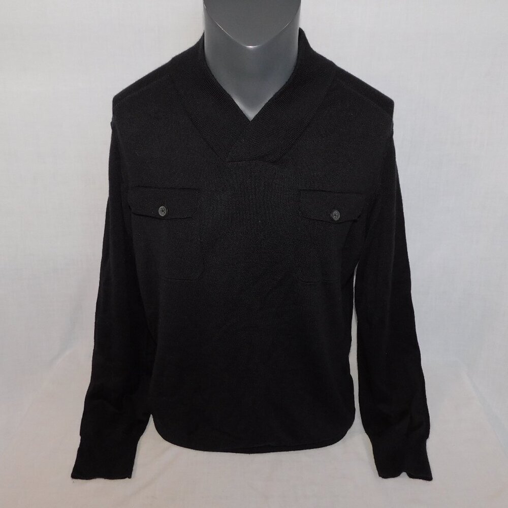 Marc Anthony Black V Neck Merino Wool Blend knit Sweater Mens L Military look